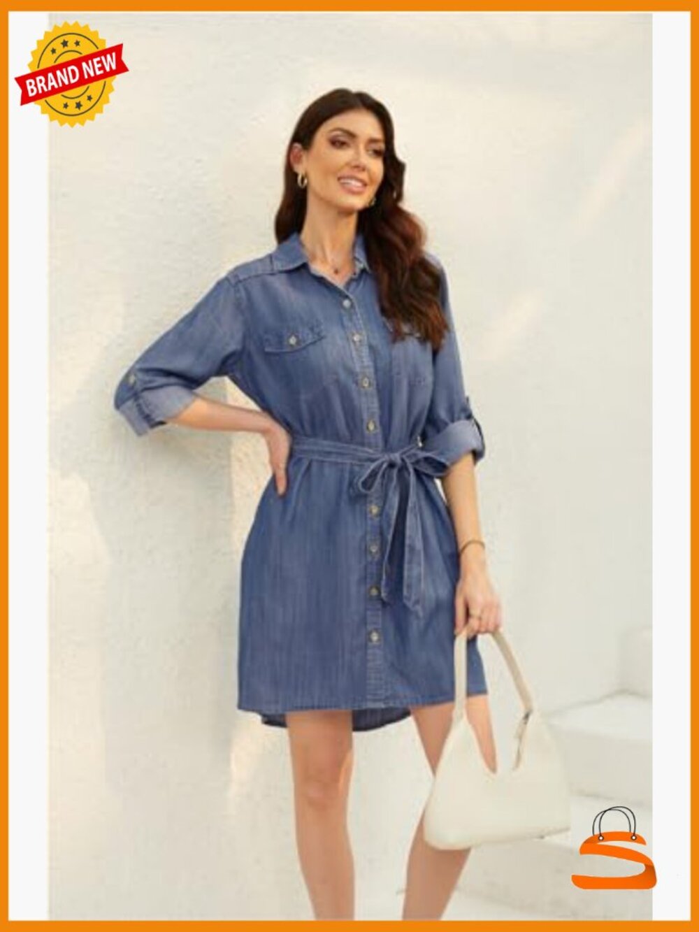 Women's Casual Button Down Jean Shirt Dress Long Sleeve Tie Waist Lightweight - Picture 5 of 7